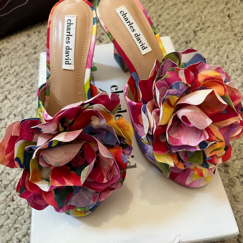 Charles David Red and Pink Mules with Floral Embellishments